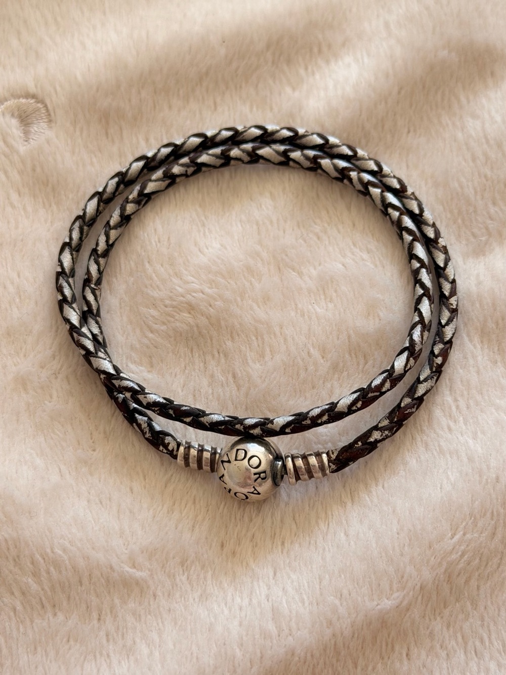 Pandora Sterling Silver Braided Brown Cream Leather Cord Double Wrapped Bracelet